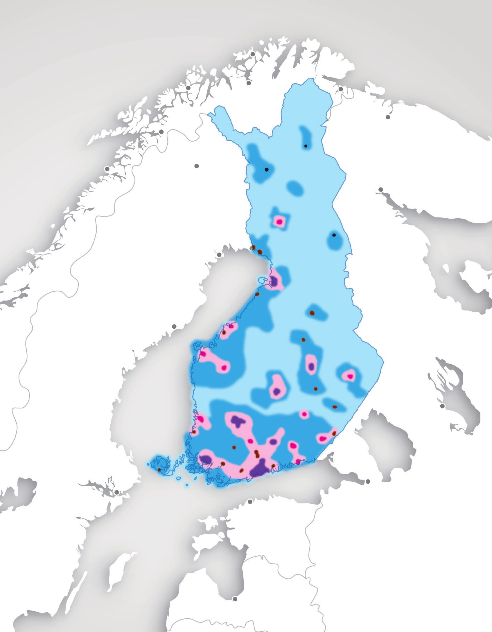 Kuva 14. Suomen monikeskuksinen aluerakenne vuonna 2050 Suomen aluerakenne perustuu toimintakykyisiin keskuksiin, elinvoimaiseen maaseutuun sekä monimuotoiseen vuorovaikutukseen.