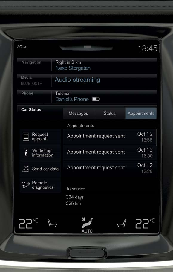 AUTON TILA JA HUOLTOVARAUS Auton yleinen tila näytetään keskinäytössä, samoin mahdollisuus varata huolto suoraan yhteydessä olevassa autossanne.