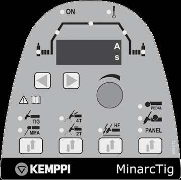 2.6 Säädöt ja merkkivalot (MinarcTig 180 ja 250) 1. 10. 2. 9. 3. 8. 4. 5. 6. 7. 1. Valmiustilan merkkivalo. 2. Hitsausparametrien näyttö (etu- ja jälkikaasuaika, virran nousu- ja laskuaika sekä päävirta).