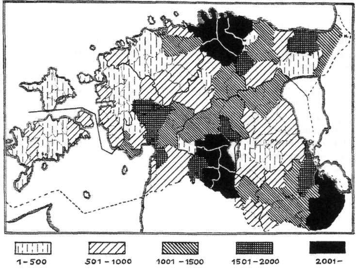 Rahvaoiiside kogumisest Eestis Rahvalaulude kogumistihedus kihelkonniti 1932. aasta andmete põhjal. (Kaart: Richard Viidalepp ja Oskar Loorits, Eesti rahvaluulekogude statistiline ülevaade.