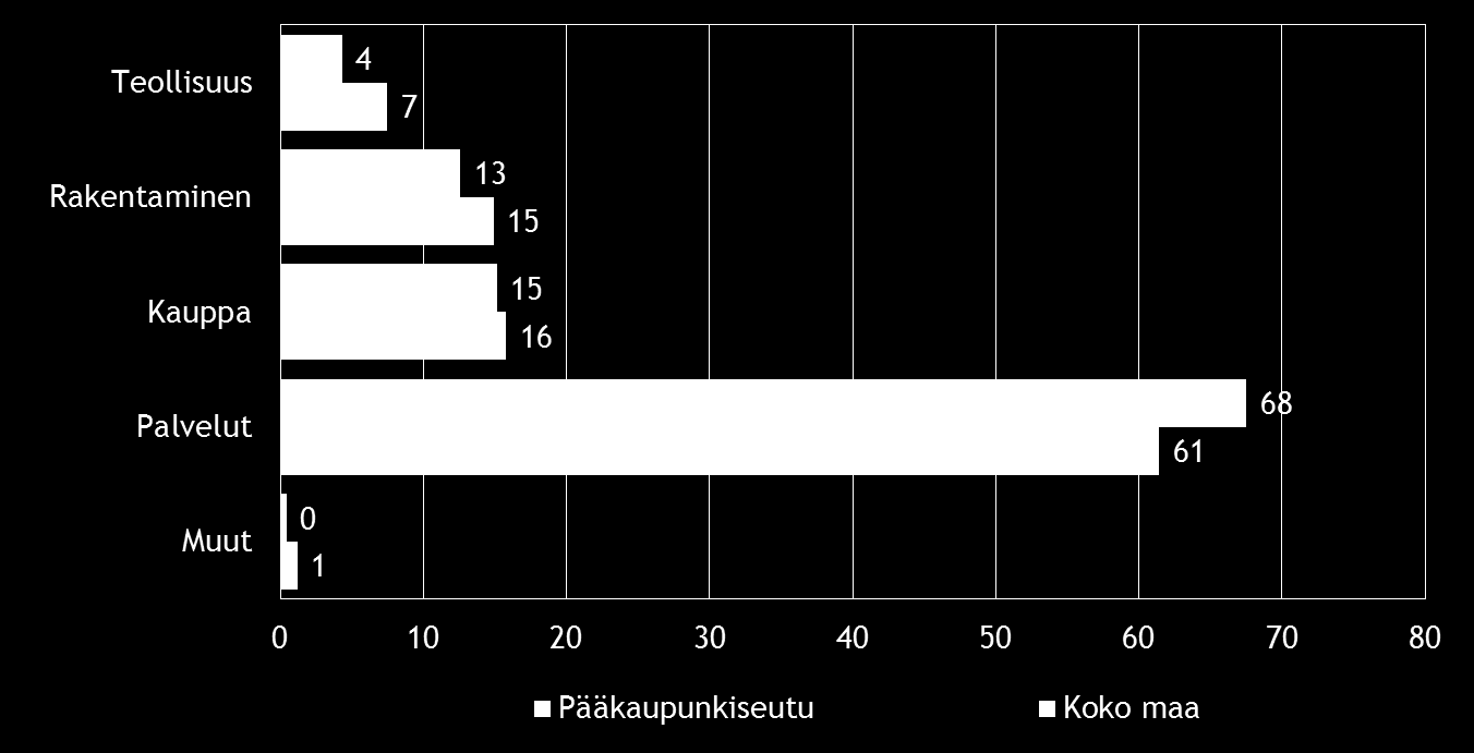 Pääkaupunkiseudun alueella oli palvelualaan kuuluvia yrityksiä koko maata suhteellisesti enemmän, 68 %.