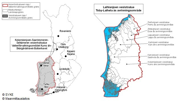 Kuva 4. Laihianjoen vesistöalueen sijainti Kokemäenjoen-Saaristomeren-Selkämeren vesienhoitoalueella. Laihianjoen vesistöalue on kooltaan melko pieni ja muodoltaan pitkä ja kapeahko.