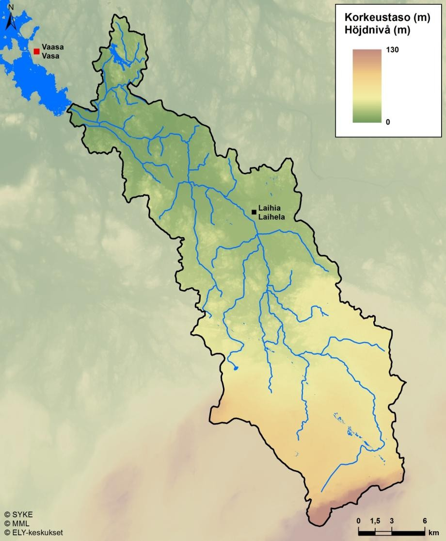 Kuva 7. Korkeussuhteet Laihianjoen vesistöalueella (korkeusmalli, ruutukoko 2 m). Laihianjoen vesistöalueesta lähes 90 % on maatalousaluetta ja metsämaata.