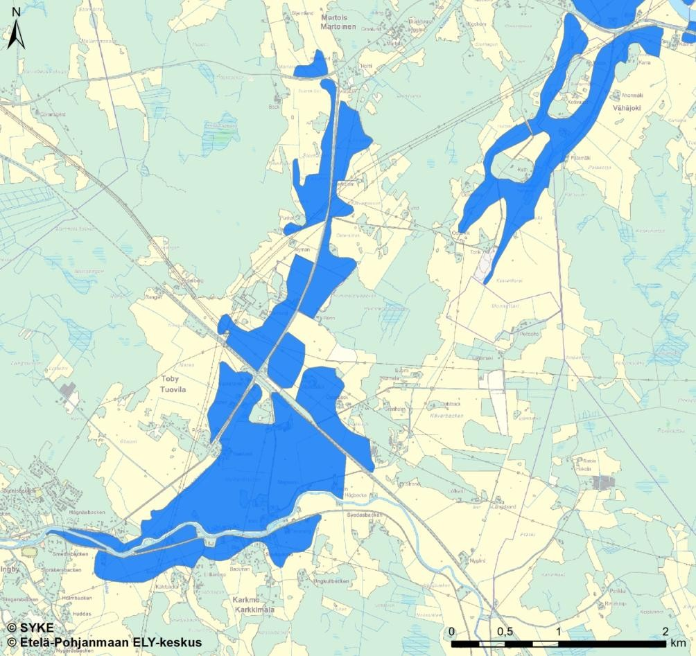 Kuva 35. Syksyn 2012 rankkasadetulvan havaittu leviämisalue Kyrönjoen-Laihianjoen yhteisellä tulvaalueella, ns. bifurkaatioalueella ja Karkkimalassa. 6.