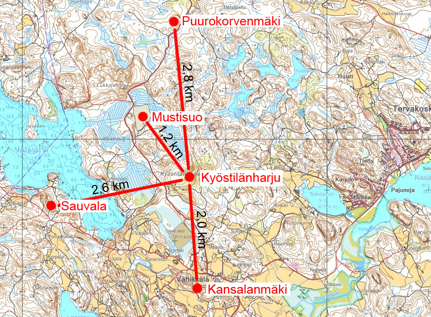 30 (184) KUVA 6. Kyöstilänharjun hankealue ja seudun muut kiviainesten ottoalueet sekä niiden etäisyydet hankealueesta.