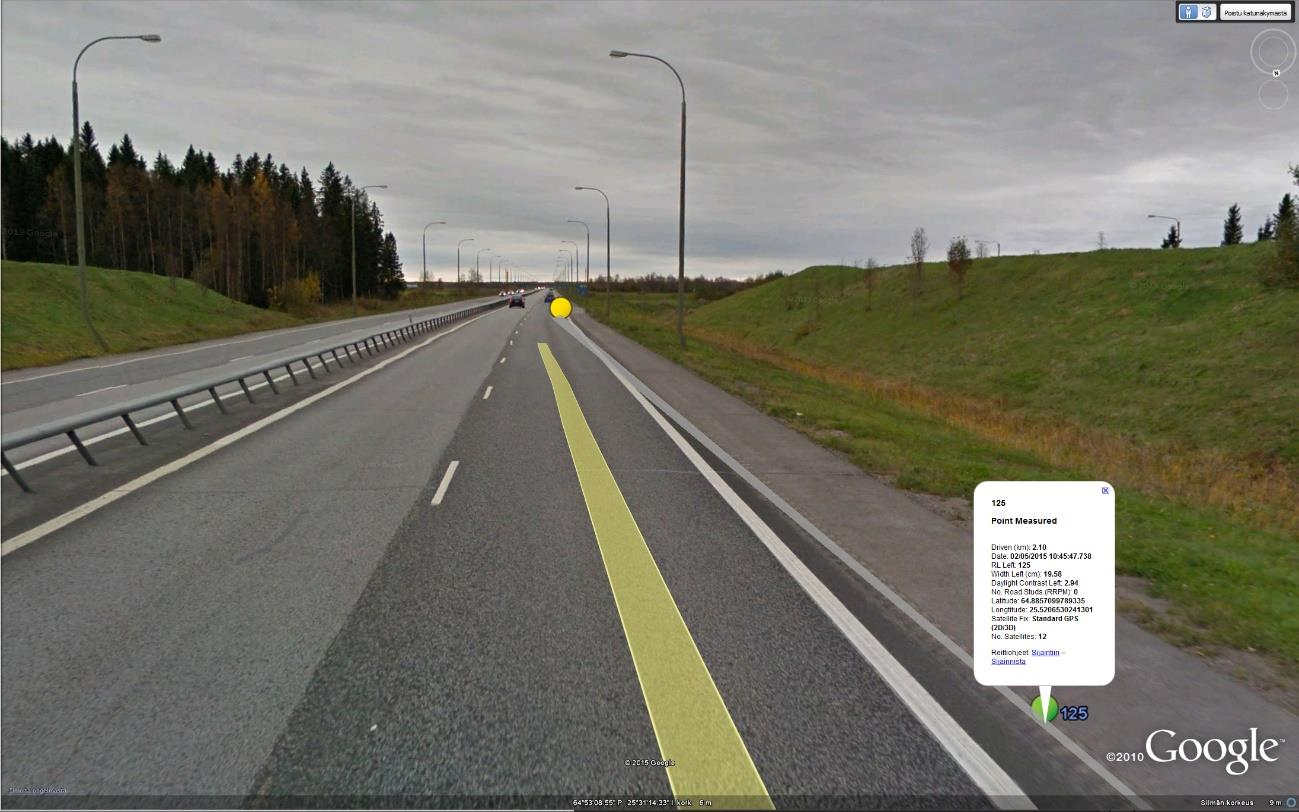 KUVA 16. Vt 4 Haaransilta Haukipudas, paluuheijastavuustulokset Google Street View ssä Tuloksia käsiteltiin pääasiassa vain taulukkolaskentaohjelmassa.