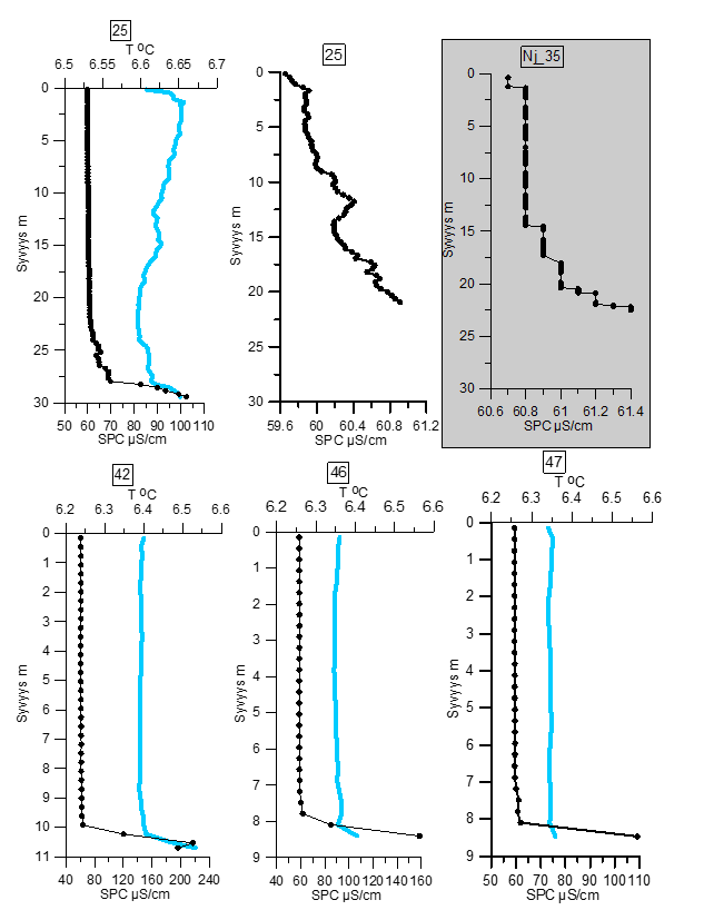 Kuva 29. Sähkönjohtavuus (musta) ja veden lämpötila (sininen) muutamissa Nuasjärven CastAway-mittauspisteissä lokakuussa. Suurimpia arvoja tavataan pohjan läheisessä kerroksessa.