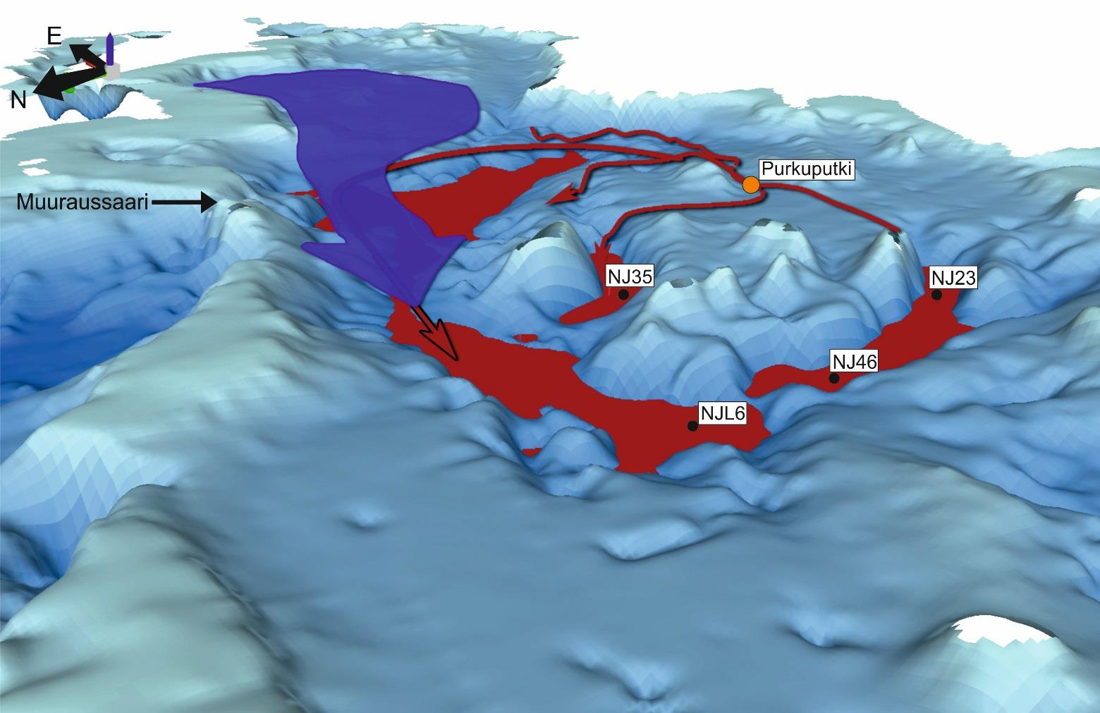 Kuva 46. Kaavamainen 3D-esitys Nuasjärvestä alkutalvesta jääpeitteen muodostumisen jälkeen.