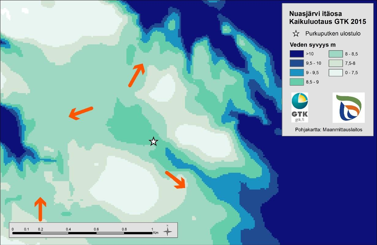 Kuva 47. Pohjan topografia purkuputken lähialueilla. Kuvassa on korostettu 7,5 10 m syvyysalueet, koska purkuputki sijaitsee n.