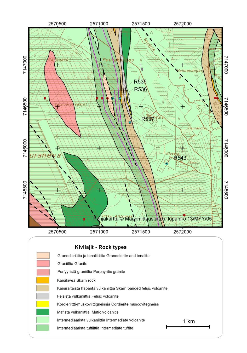 17 Kuva 8. Peuranevan alueen pohjoisosan geologia ja kairareiät. Fig.