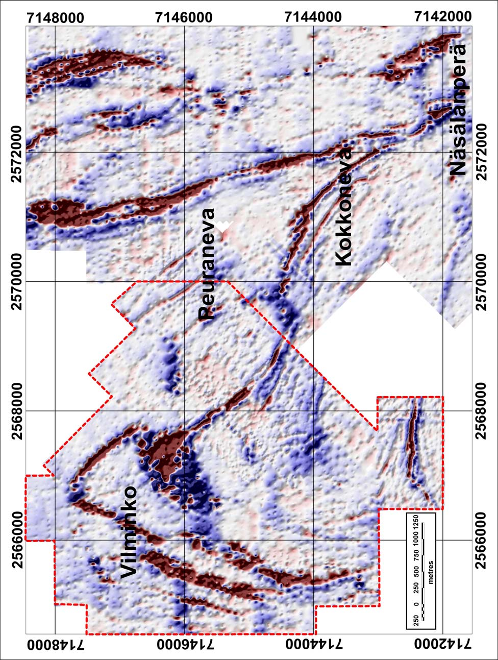 Kuva 2. Vilmingon-Peuranevan alueen slingram imaginaarikartta.