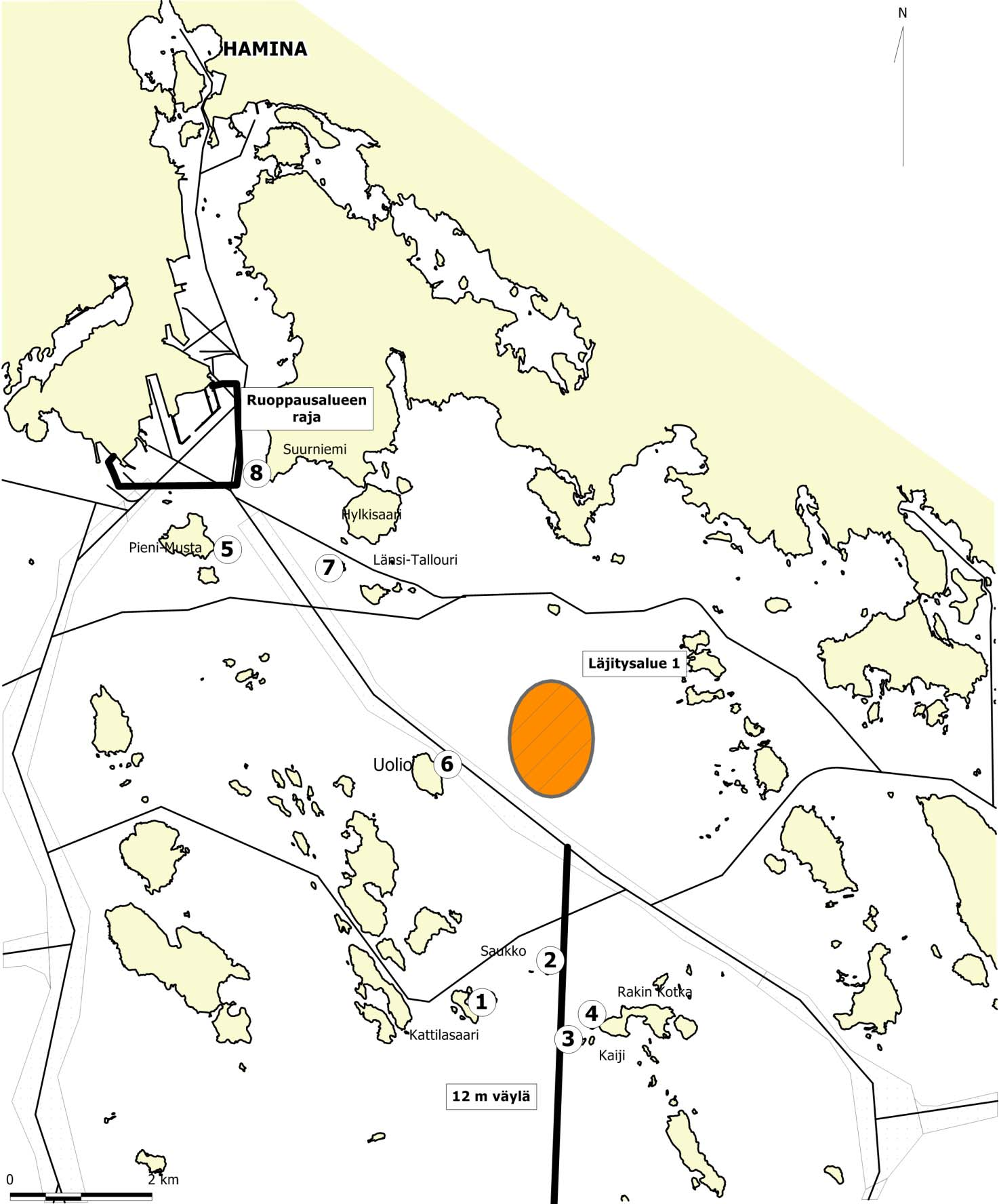 Kuva 1: Linjojen sijainti Haminan saaristossa: 1. Kattilasaari, 2. Saukko, 3. Kaiji, 4. Rakin Kotka, 5. Pieni Musta, 6.