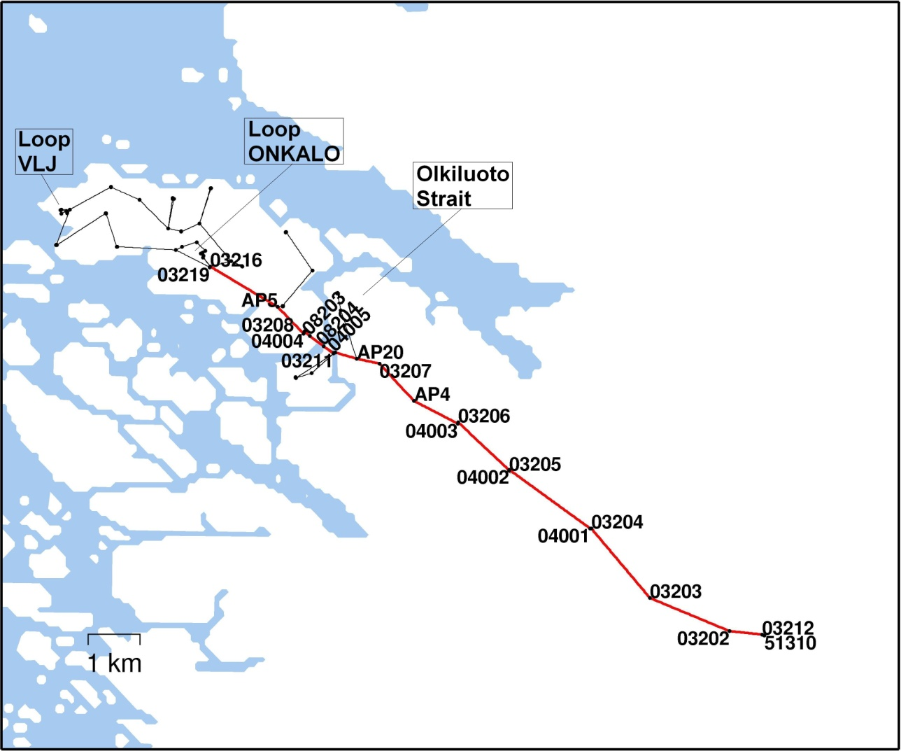 Figure 1. Levelling network in the 2011 adjustment. The Lapijoki-Olkiluoto line (red line) was measured in 2011.