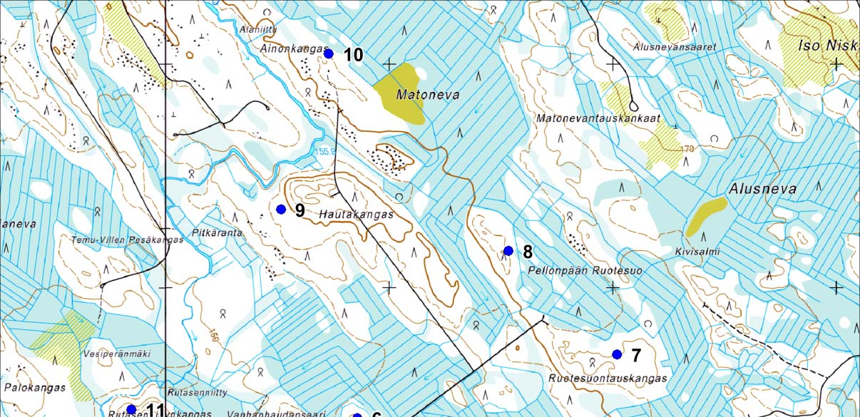 14 (32) Kuva 11 Linnuston pistelaskentapaikat (siniset pisteet). Pistelaskennassa kaikki laskentapisteestä havaitut reviiriä pitäneet lintuyksilöt kirjattiin ylös.