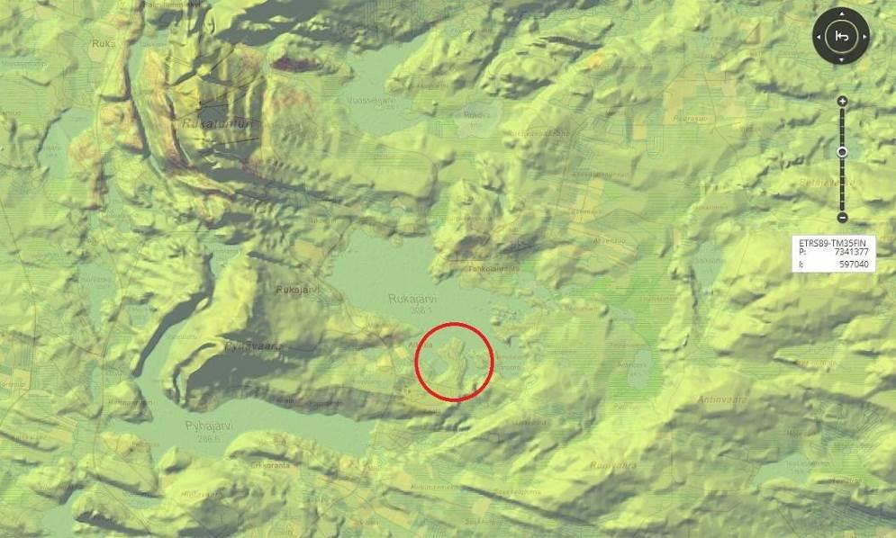Kuva 4 Paikkatietoikkunan rinnevalovarjoste Rukajärvi on Kuusamon keski- ja pohjoisosan vesistötutkimuksen (Alueellinen ympäristöjulkaisu 123)