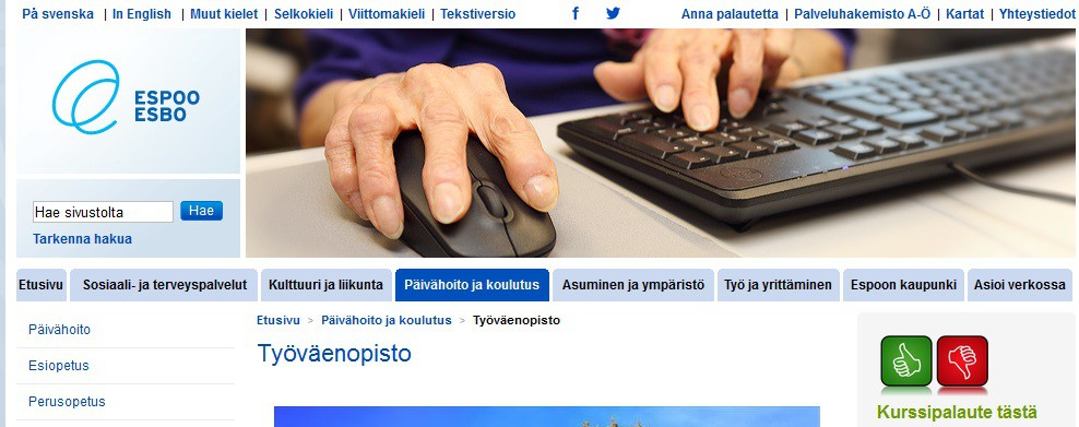 Palaute http://www.espoo.fi/fi-fi/paivahoito_ja_koulutus/tyovaenopisto Tietoja, joita tarvitset palautteen antamiseen Minkä ainealueen kurssi oli?