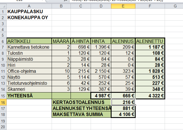 KAUPPALASKU-HARJOITUKSEN RATKAISU Tässä harjoituksessa opetellaan käyttämään sisäkkäisiä jos-funktioita ja laskukaavoja jos-funktiossa.