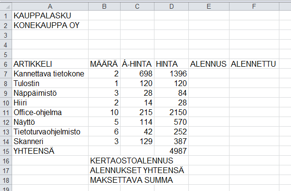 OHJE TEHTÄVÄN TEKEMISEEN Kirjoita ensin taulukon syöttötiedot (otsikot sekä sarakkeet määrä ja á-hinta): Hinta-sarakkeeseen tulee ihan normaali kertolaskukaava: Kannettava tietokone -riville: =B7*C7.