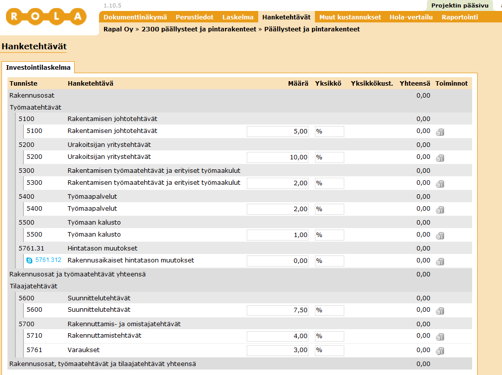 27 Kuva 4. Rola hanketehtävät (Lähde https://fore.ininfra.net/rola/projectfactors.aspx?calculation=f023f