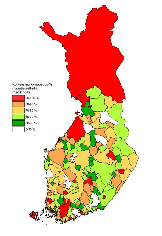 34 Kuvio 7. Laajakaistapalvelujen vähittäismarkkinoiden korkeimmat markkinaosuudet alueittain. 5.