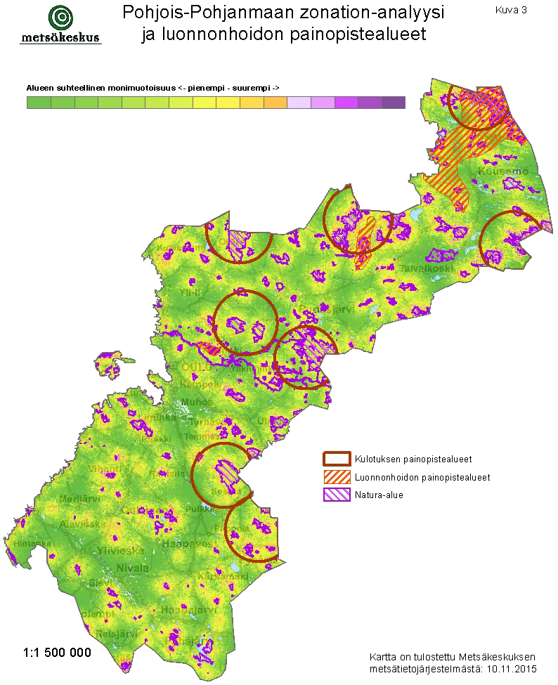 Kuva 3. Pohjois-Pohjanmaan zonation-analyysi sekä luonnonhoidon ja kulotuksen painopistealueet.