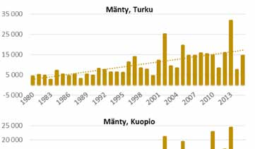 Lähes joka kevät männyn suurikokoista ja kellertävää siitepölyä kertyy tummille pinnoille, lammikoihin ja järvien rantavesiin paljain silmin havaittavia määriä.