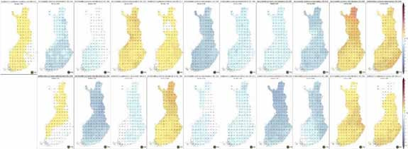 Pohdinta Pohdinta 1980 1991 2001 2011 Huhtikuun keskilämpötilojen poikkeamat vuosina 1980 2015. Keltaisella vertailukauden 1981 2010 keskiarvoa lämpimämmät ja sinisellä viileämmät huhtikuut.