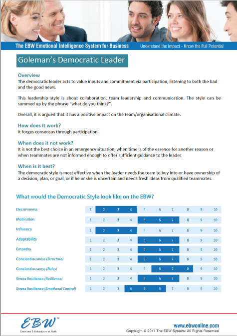 Goleman in demokraattinen johtaja Demokraattinen johtaja osoittaa arvostusta muiden panostukselle ja sitoutumiselle osallistamalla sekä kuuntelemalla sekä huonot että hyvät uutiset.
