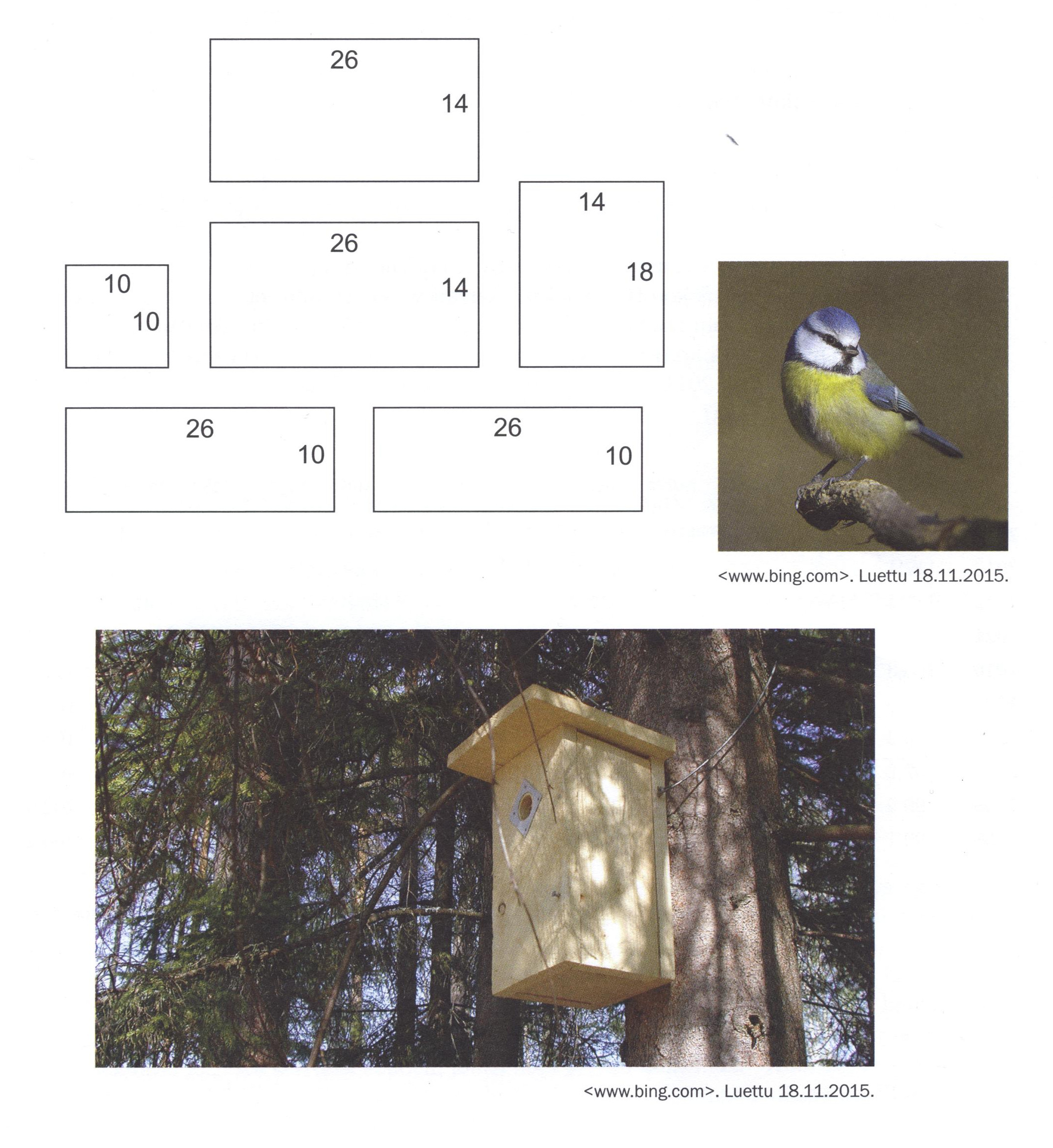 6. Peppi rakentaa oheisen kuvan mukaisista laudankappaleista linnunpöntön. Yksikkönä on senttimetri. a) Paljonko linnunpönttö painaa?