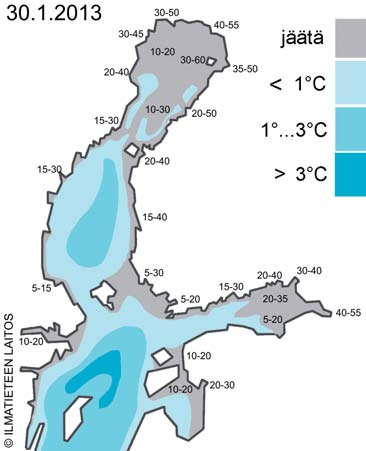 Tammikuun jäätilanne Tilastojen mukaan tammikuun keskilämpötila vaihteli länsirannikon runsaasta -6 asteesta Länsi- Lapin vajaaseen -11 asteeseen.