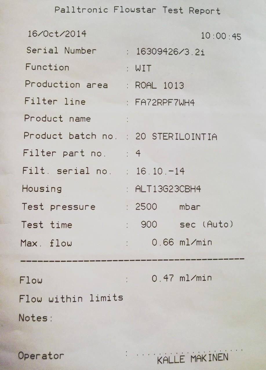 24 Kuva 13. Eheydentestauslaitteen tulostama testiraportti. Raportissa näkyy syötetyt tiedot ja mitattu virtaama-arvo, tässä testissä 0,47 ml/min.