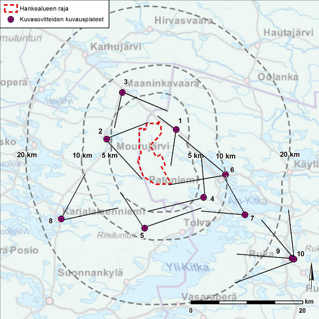 12 (33) 2 Kuvasovitteet Hankkeesta on laadittu kymmenen eri kuvauspisteestä otettua kuvasovitetta ja kuvasovitetta symboleilla hankkeen molemmista vaihtoehdoista.