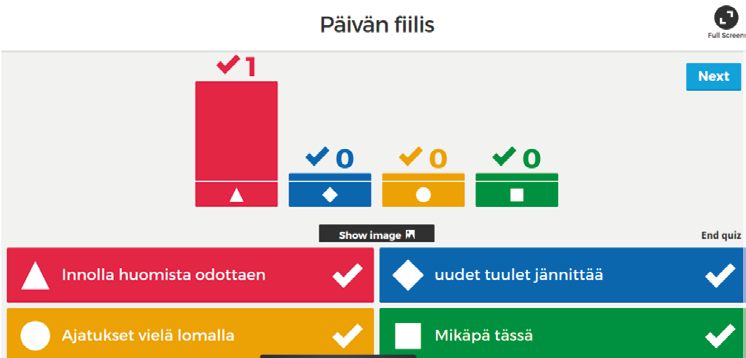 Oppilaat näkevät omilta laitteilla vain vastauksien symbolit. Kysymykset ja symboleiden merkitykset näkyvät opettajan näkymän kautta.