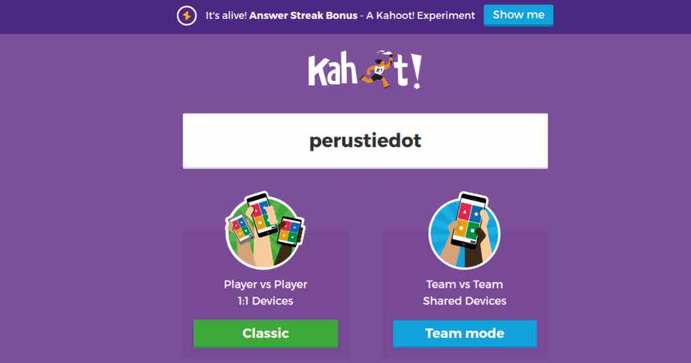 KAHOOT-KYSELYN PELAAMINEN Jos taas haluat pelata tekemäsi Kahoot-kyselyn, napsauta Play-kuvaketta. Tämän jälkeen sivusto kysyy pelaatteko peliä yksittäin vai onko kyseessä tiimipeliä.