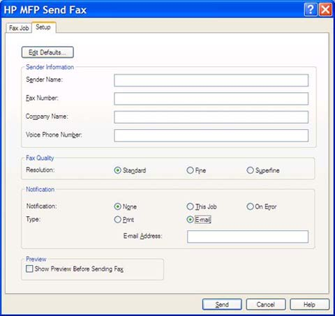b. Valitse HP MFP Send Fax -valintaikkunasta Fax Job (Faksityö) -välilehti.