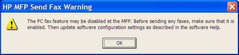 Varoitusviestit HP MFP Send Fax -ohjainta käytettäessä voi tulla näkyviin seuraavia varoituksia.