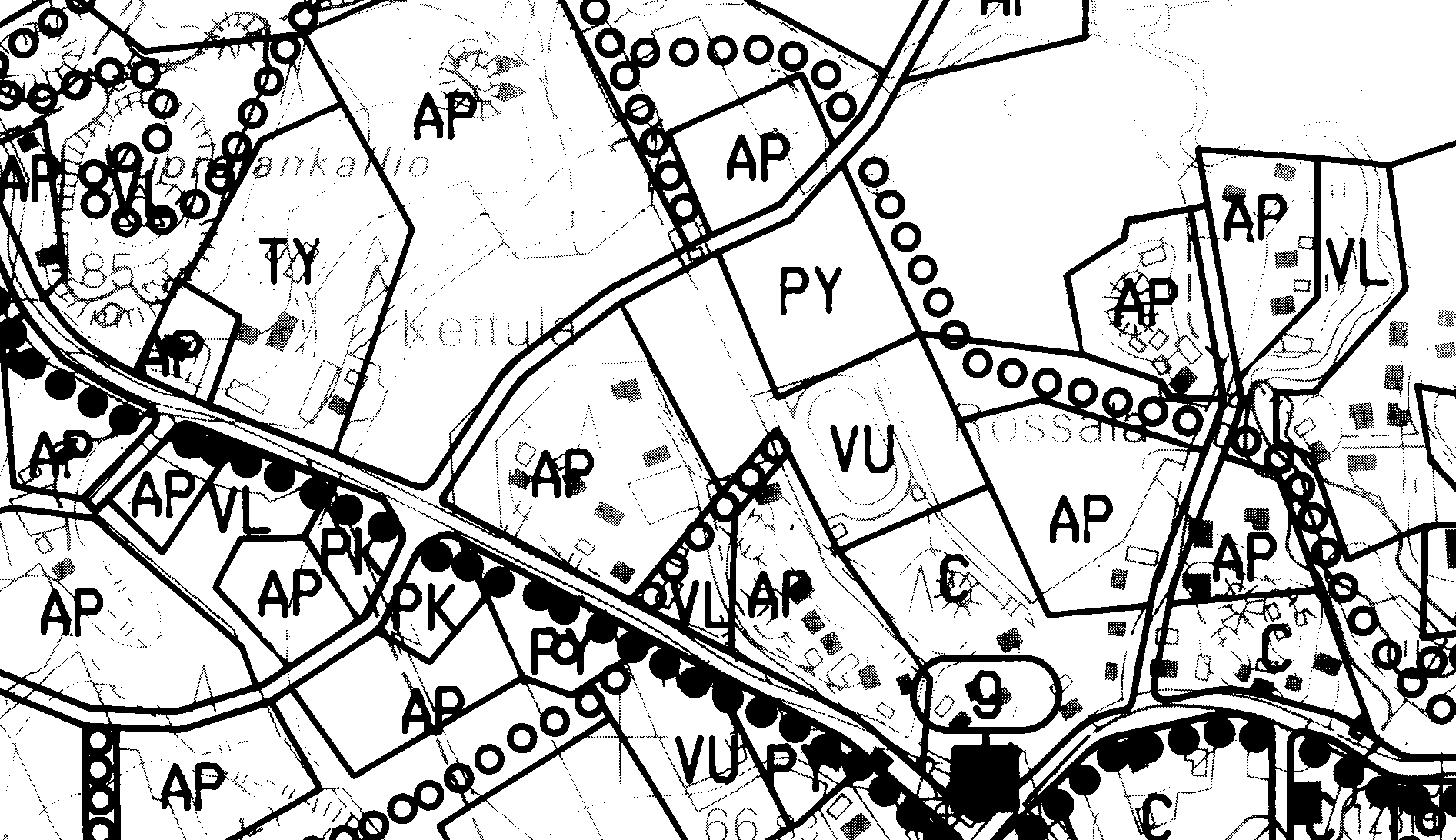 Yleiskaava Vahvistamattomassa osayleiskaavassa (1.8.1994) alue sisältyy keskustatoimintojen alueeseen (C). Ote osayleiskaavasta Asemakaava Alueella on voimassa 25.