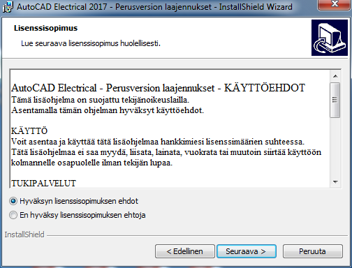 Lue ja hyväksy lisenssisopimus. Näpsäytä Seuraava -painiketta.