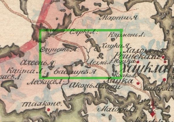 4 Ote Steinheilin Viipurin läänin kartasta v. 1805. Tuulivoimapuiston sijainti osoitettu päälle piirretyllä vihreällä suorakaiteella.
