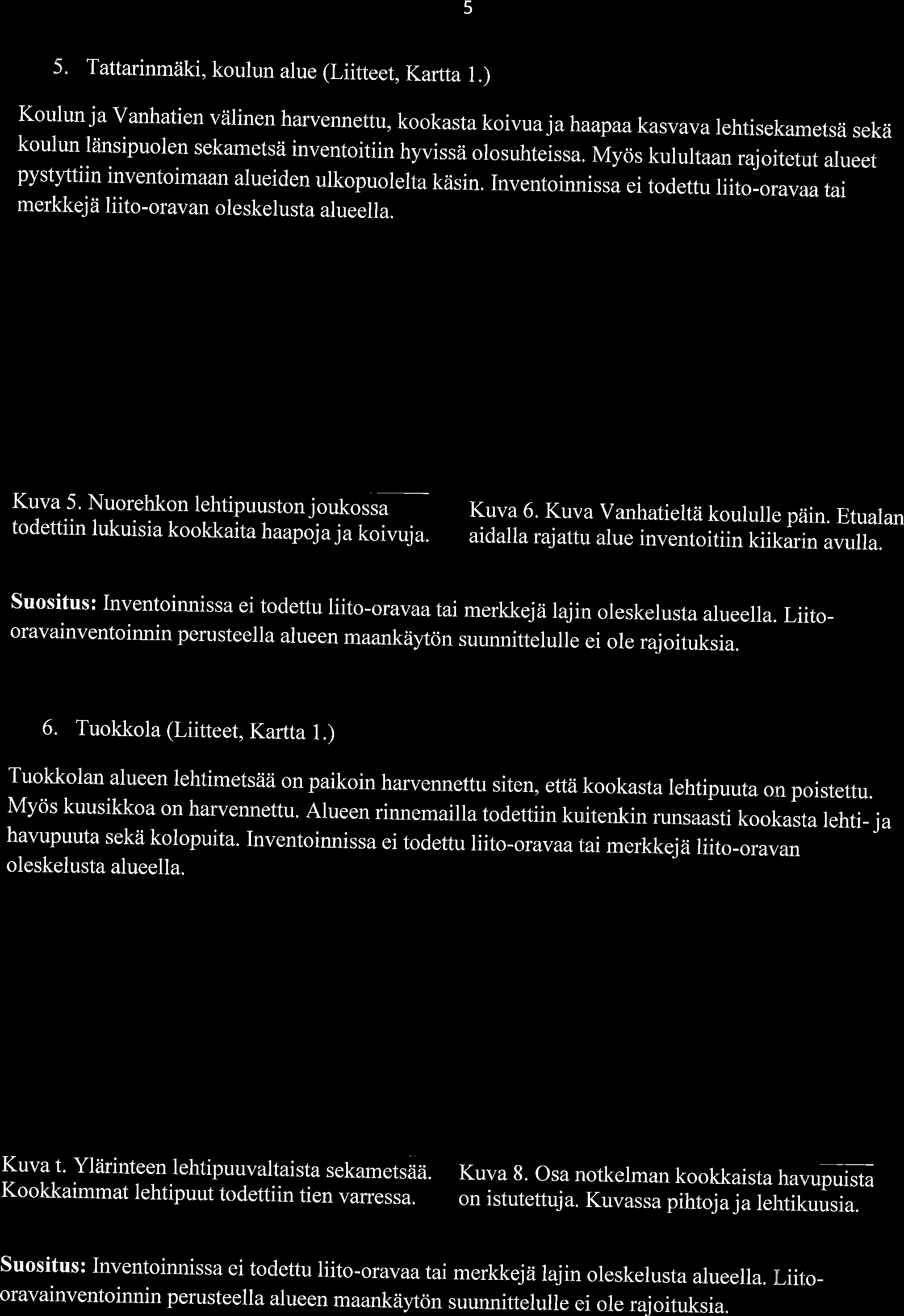 Myiis kulultaan rajitetut alueet pystyttiin inventimaan alueiden ulkpulelta ktisin. Inventinnissa ei tdettu liit-ravaa tai merkkej ii liit-ravan leskelusta alueella. Kuva 5.