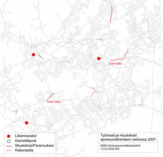 2.2 Muutokset ajoneuvoliikenteen verkossa 2007 Erilaiset työmaat ja muutokset liikenneverkolla saattavat aiheuttaa suuria rakennusaikaisia ja pysyviäkin muutoksia liikennemääriin.