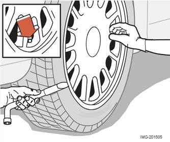 Pyörät ja renkaat Pyörän irrotus Pystyttäkää vähintään yksi varoituskolmio, jos pyörä pitää vaihtaa tien sivussa. Varmistakaa, että auto ja nosturi ovat kantavalla, vaakasuoralla alustalla. 1.