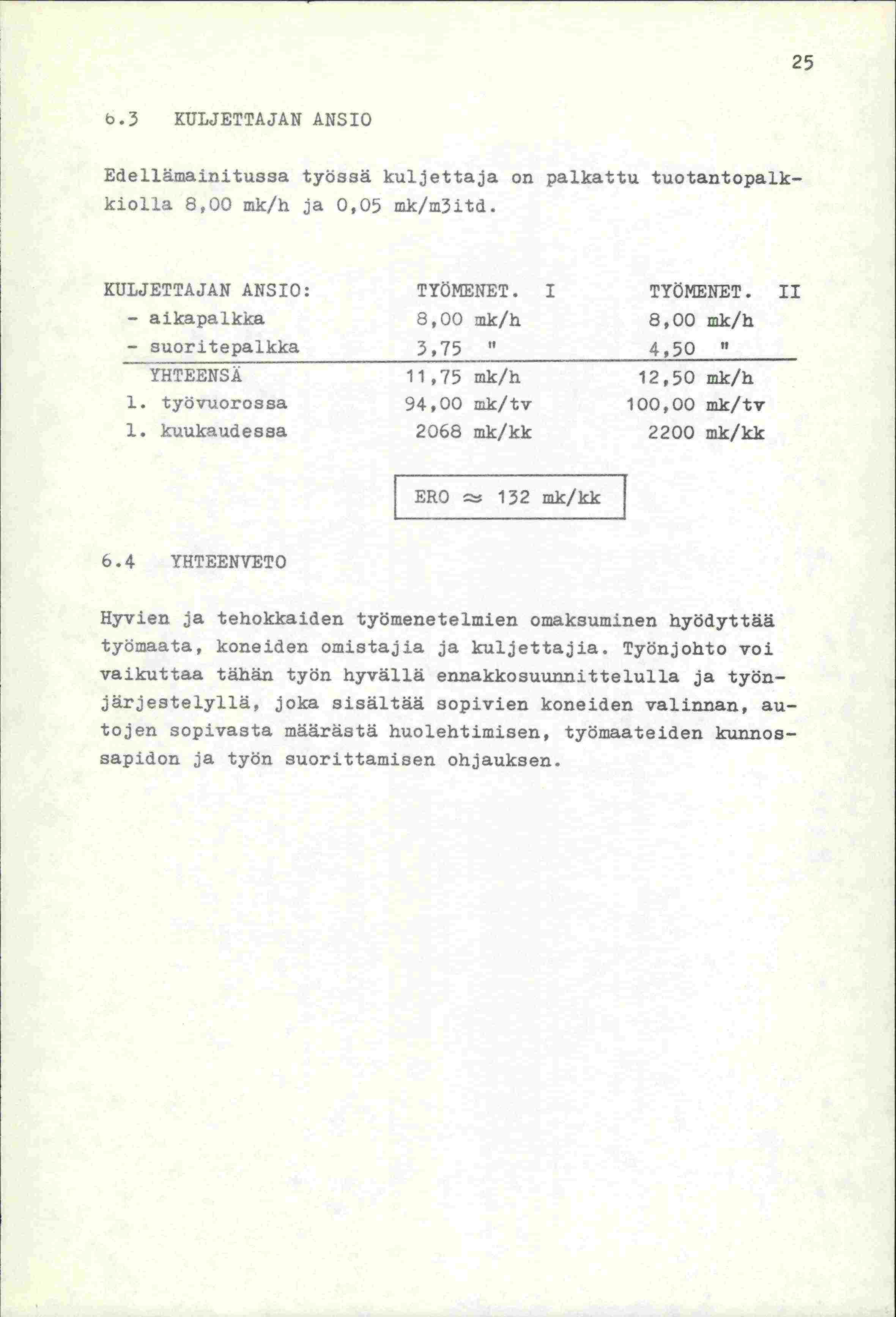 25 o.3 KULJETTAJAN ANSIO Edellämainitussa työssä kuljettaja on palkattu tuotantopalk- 00 mk/h ja 0,05 k/ui3itd KULJETTAJAN ANSIO: TYÖNET. 1 TYÖIVNET.