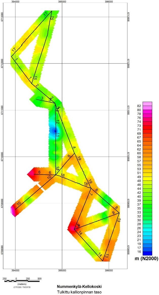 GEOLOGIAN TUTKIMUSKESKUS Geologinen rakenneselvitys Nummenkylä ja Kellokoski 12 07122016 Painovoimamittausten perusteella maapeitteen alla kallionpinnan korkeus vaihtelee tutkimusalueen keskiosan +30