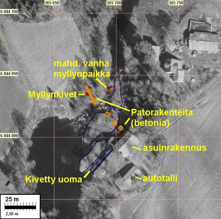 5 Putaankosken vanha myllynpaikka Alueella havaittiin rakenteita jotka ovat peräisin oletettavasti vanhasta myllytoiminnasta: PATORAKENNELMA LOHKOKIVISTA 6844038.02 365698.74 86.