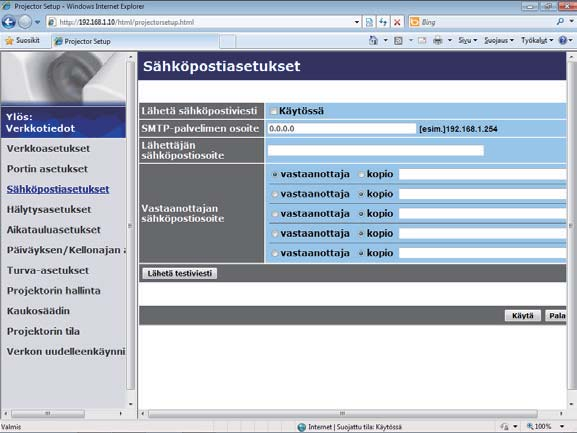 3.1 Projektorin web-ohjaus (jatkuu) 3.1.5 Sähköpostiasetukset Näyttää ja konfiguroi sähköpostiosoitteen asetukset.