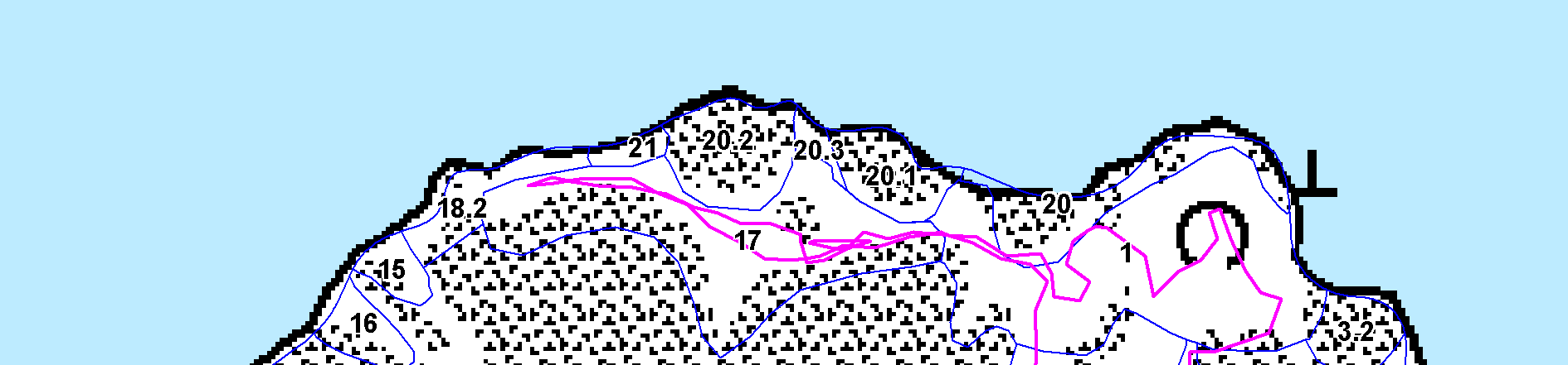 Kuva 5. Rosmanskär (kuviorajat merkitty sinisellä viivalla ja kartoitusjälki (kuljettu reitti) violetinpunaisella viivalla). Maanmittauslaitos /MML/. :5000. Taulukko 0.