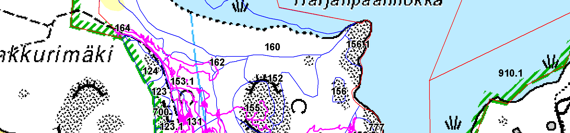 Kuva 8. Vaisakko (kuviorajat merkitty sinisellä viivalla, ja kartoitusjälki (kuljettu reitti) violetinpunaisella viivalla). Maanmittauslaitos /MML/. :9000. Taulukko. Vaisakon merkittävimmät lajit.