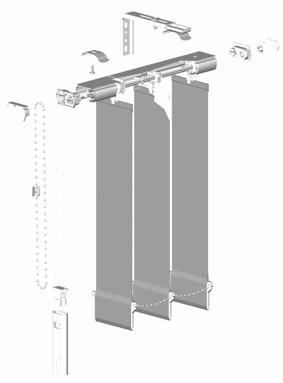 Vertical blind DC system / Pystylamelli DC systeemi DC system / DC systeemi 25 x 45 mm aluminium white painted head rail with round front for movement right to left, left to right, split from centre