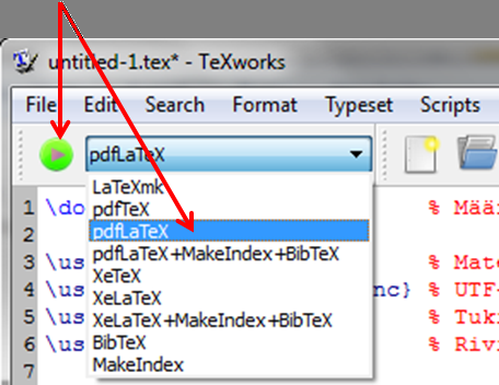 Tehtävä B: Kääntäminen pdf-tiedostoksi Kääntäminen suoritetaan pdflatex-ohjelmalla, joka kääntää tekstin suoraan pdf-tiedostoksi 1. Valitse kääntäjäksi pdflatex 2.